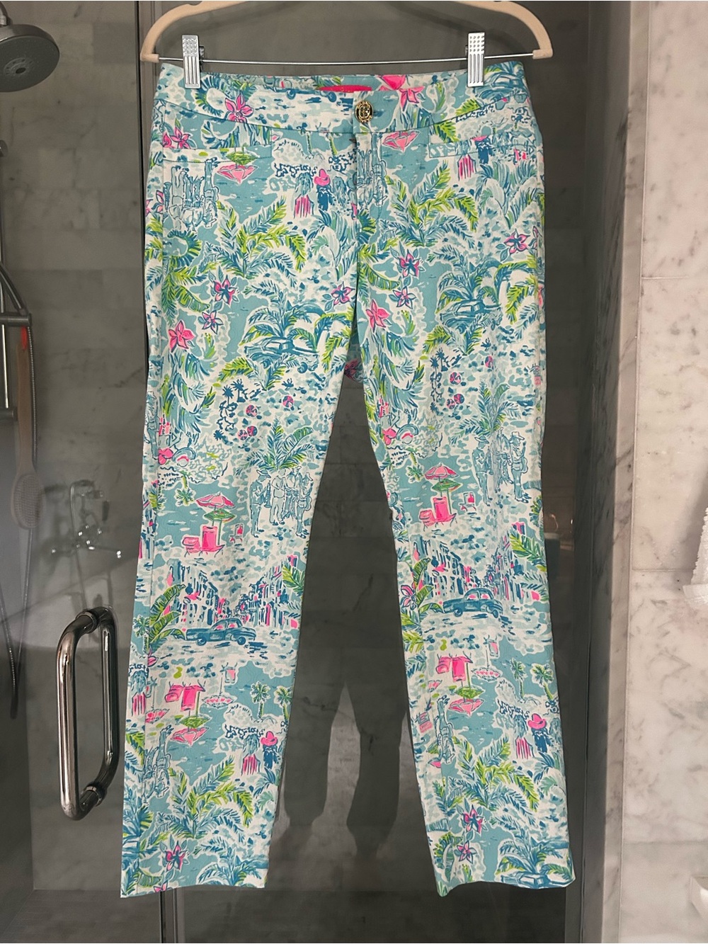 Lilly Pulitzer Light Blue Tropical Print Ankle Pants with Pink & Green Accents
